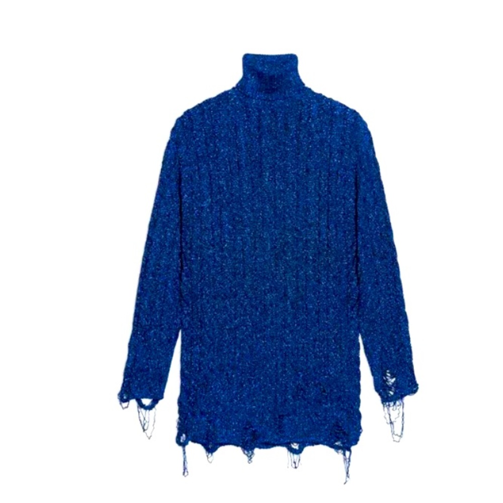 Authentic Balenciaga Destroyed Turtleneck Sweater in blue metallic